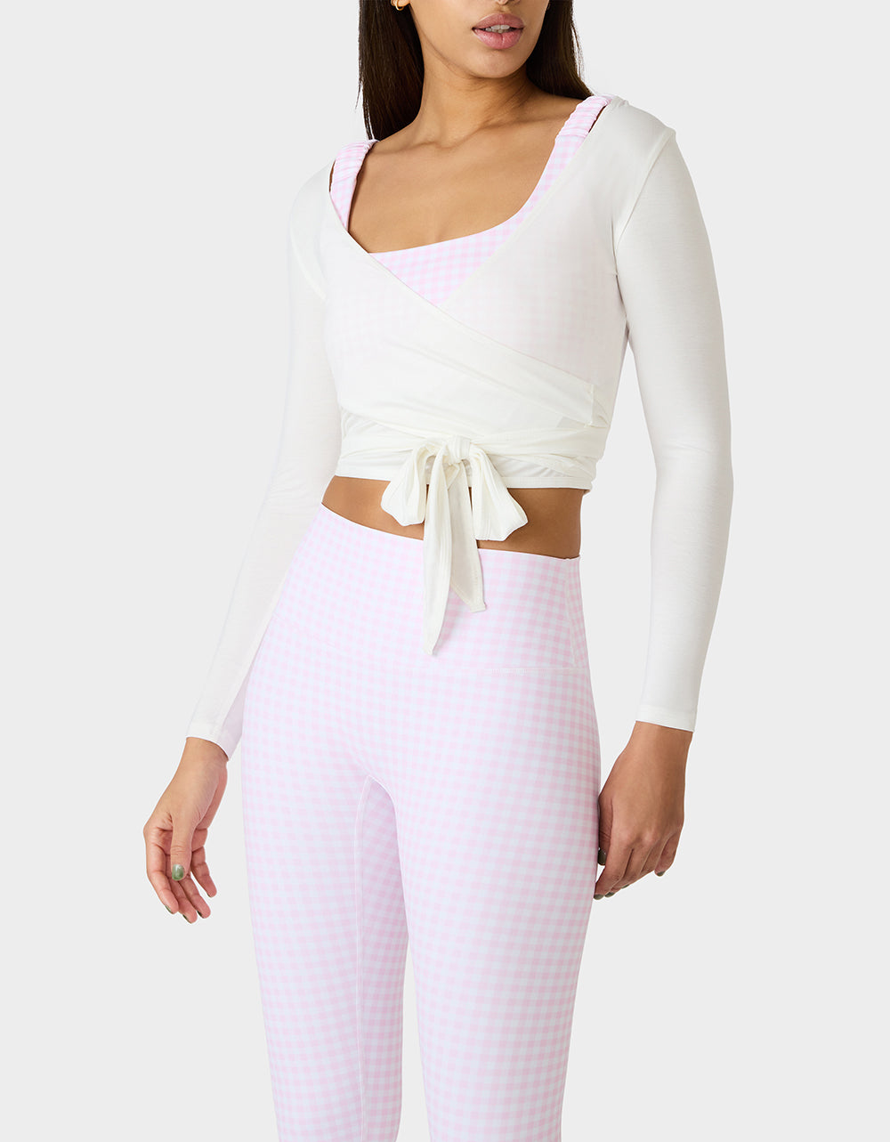Betsey Johnson Discount | LONG SLEEVE V NECK WRAP TOP WHITE Women's White Activewear Wrap Long Sleeve Top
