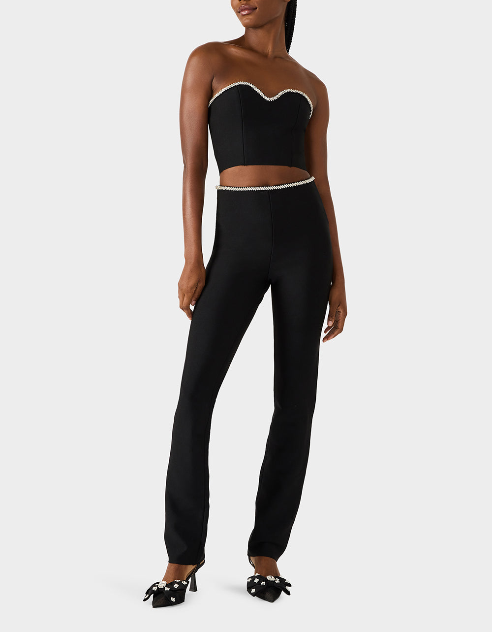 Betsey Johnson Special Offer | JEWELED SET BLACK Women's Black Crop Top and Pant Rhinestone Set