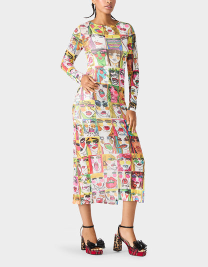 Betsey Johnson New | BETSEY'S PRINT SHEER DRESS MULTI Women's Long-Sleeved Mesh Sheer Midi Dress