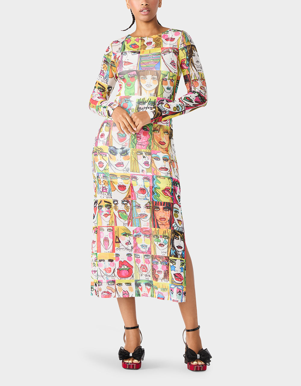 Betsey Johnson New | BETSEY'S PRINT SHEER DRESS MULTI Women's Long-Sleeved Mesh Sheer Midi Dress