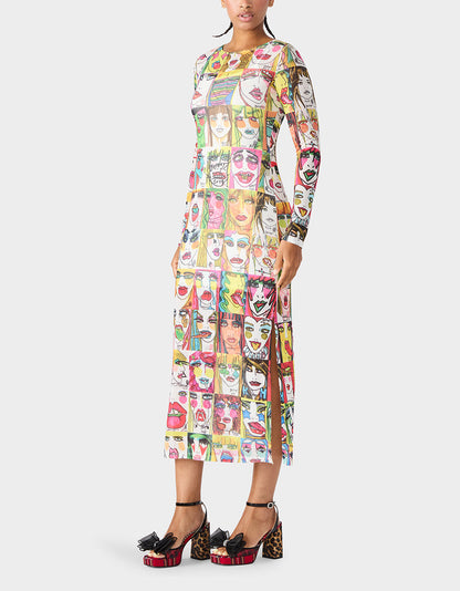 Betsey Johnson New | BETSEY'S PRINT SHEER DRESS MULTI Women's Long-Sleeved Mesh Sheer Midi Dress