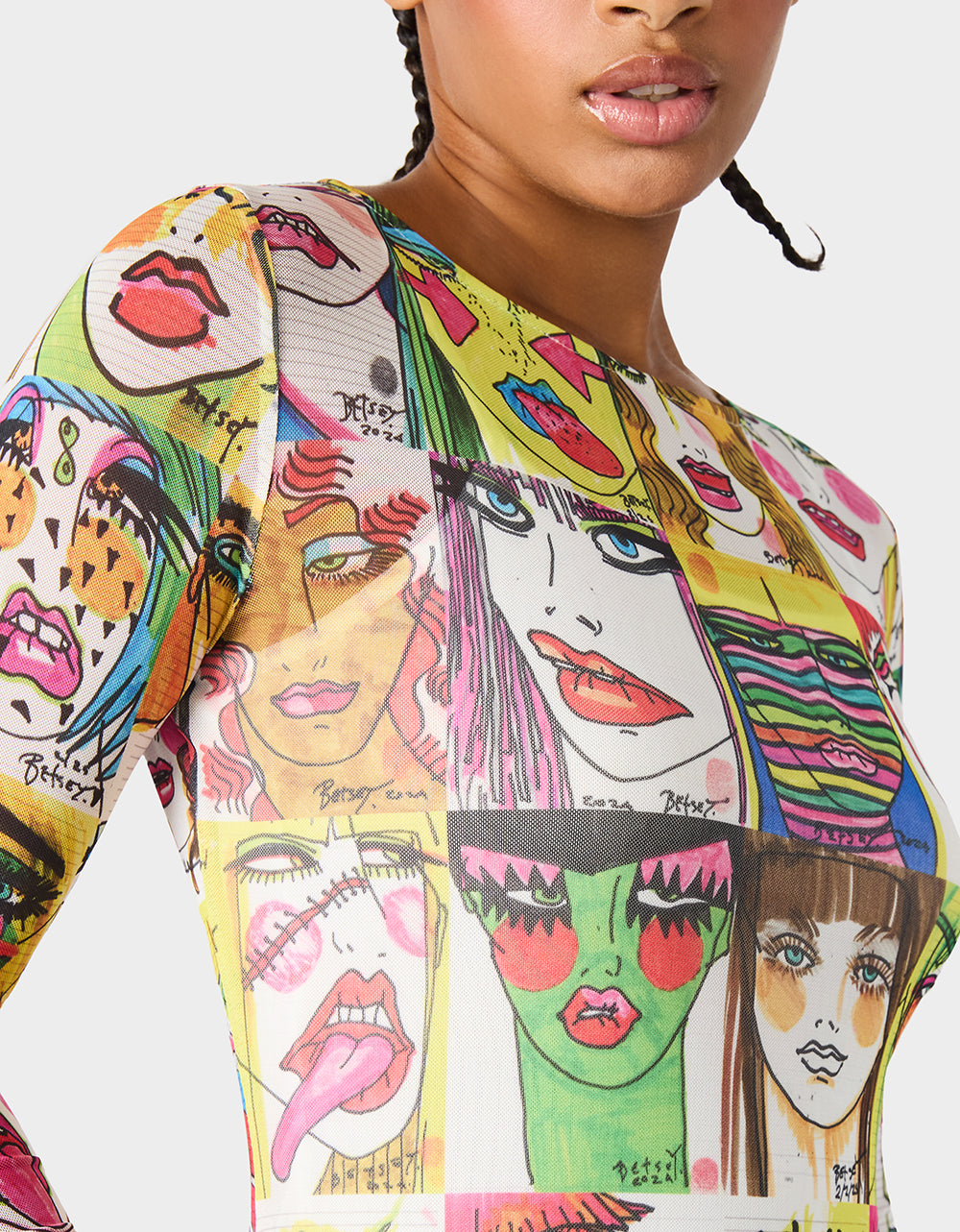 Betsey Johnson New | BETSEY'S PRINT SHEER DRESS MULTI Women's Long-Sleeved Mesh Sheer Midi Dress