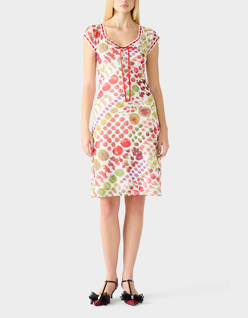 Betsey Johnson Trending | BETSEY'S FRUIT DRESS WHITE MULTI Women's Fruit Print Short-Sleeved Slip Dress