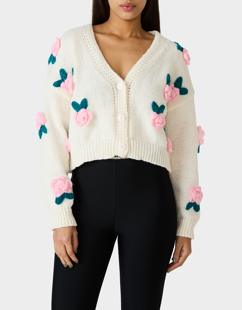 Betsey Johnson Quality | ROSETTE CARDIGAN CREAM Women's V-Neck Cardigan Floral Sweater