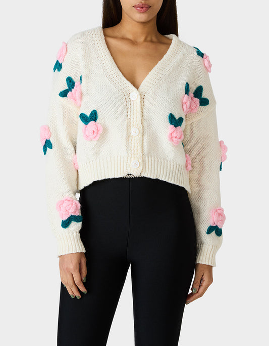 Betsey Johnson Quality | ROSETTE CARDIGAN CREAM Women's V-Neck Cardigan Floral Sweater