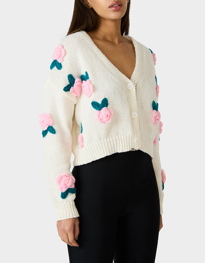 Betsey Johnson Quality | ROSETTE CARDIGAN CREAM Women's V-Neck Cardigan Floral Sweater