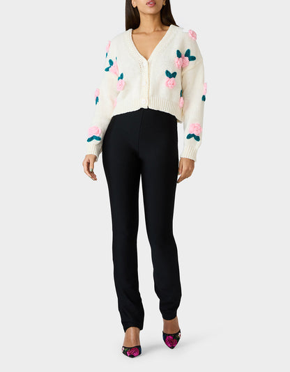 Betsey Johnson Quality | ROSETTE CARDIGAN CREAM Women's V-Neck Cardigan Floral Sweater