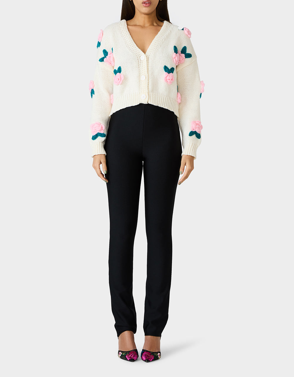 Betsey Johnson Quality | ROSETTE CARDIGAN CREAM Women's V-Neck Cardigan Floral Sweater