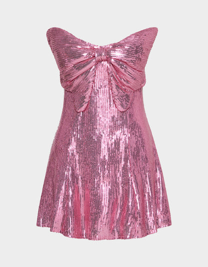 Betsey Johnson Smart Buy | SEQUIN BOW DRESS PINK SEQUIN Women's Mini Pink Sequin Dress