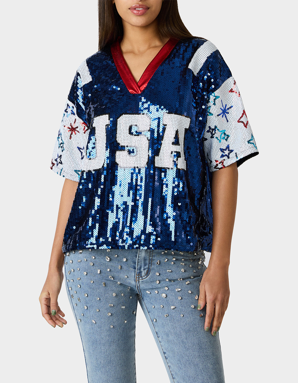 Betsey Johnson Discount | USA JERSEY BLUE Women's Red White and Blue USA Sequin Jersey