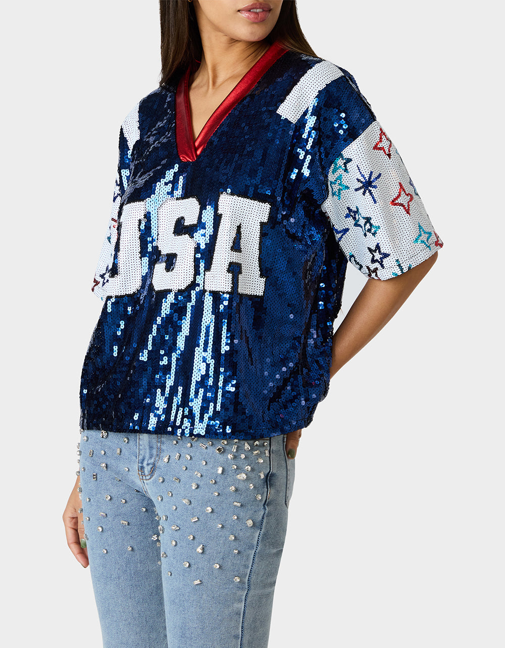 Betsey Johnson Discount | USA JERSEY BLUE Women's Red White and Blue USA Sequin Jersey