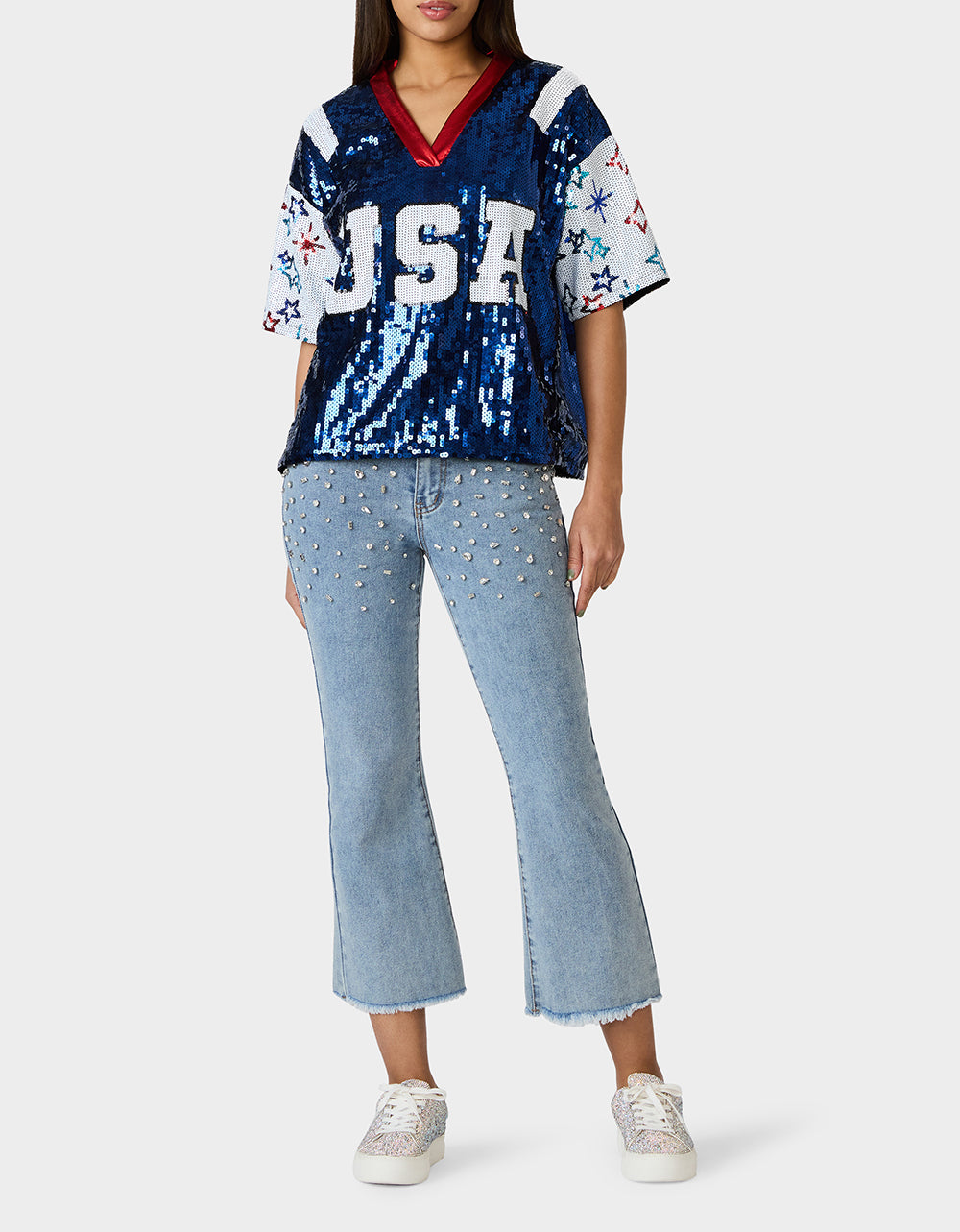 Betsey Johnson Discount | USA JERSEY BLUE Women's Red White and Blue USA Sequin Jersey