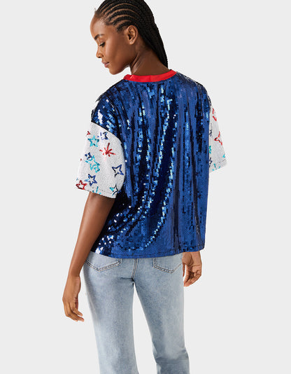 Betsey Johnson Discount | USA JERSEY BLUE Women's Red White and Blue USA Sequin Jersey