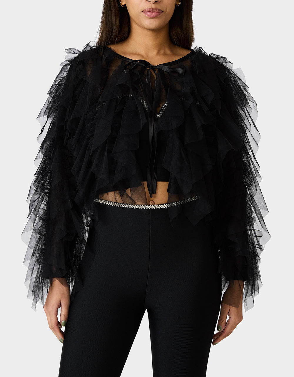 Betsey Johnson Quality | PRIMA PUFF BLACK Women's Black Tulle Shawl Jacket