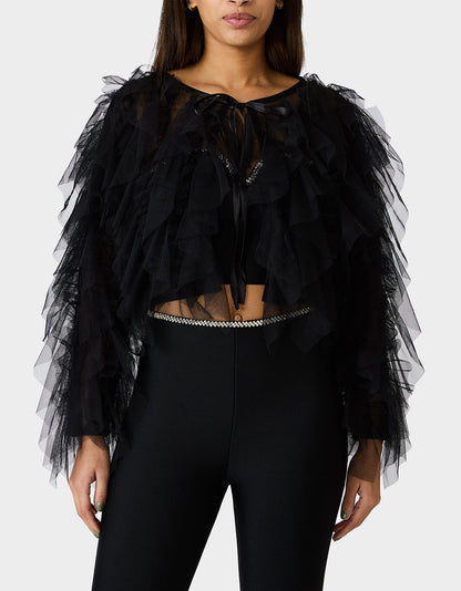 Betsey Johnson Quality | PRIMA PUFF BLACK Women's Black Tulle Shawl Jacket