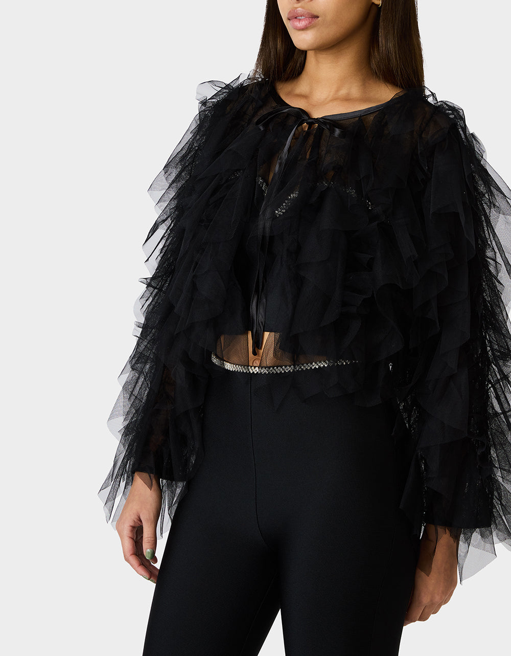 Betsey Johnson Quality | PRIMA PUFF BLACK Women's Black Tulle Shawl Jacket