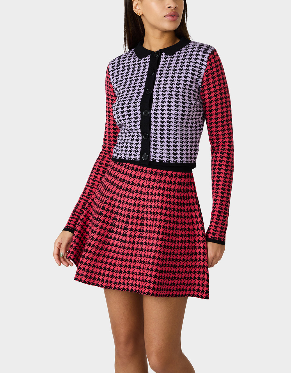 Betsey Johnson Exclusive | HOT IN HOUNDSTOOTH SET PINK MULTI Women's Pink and Purple Houndstooth Top and Skirt set