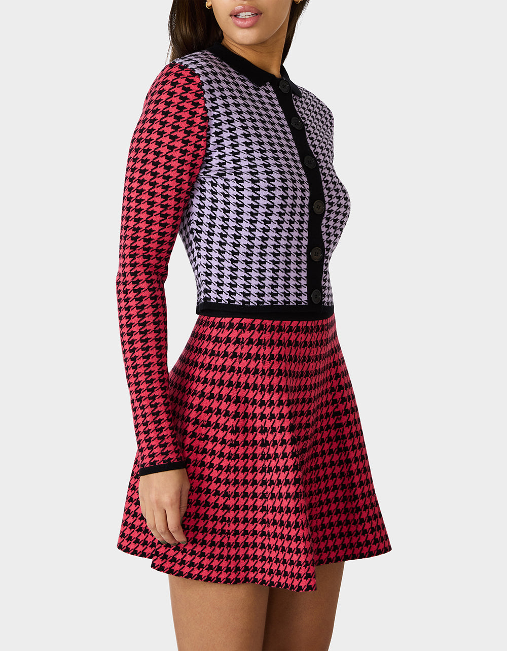 Betsey Johnson Exclusive | HOT IN HOUNDSTOOTH SET PINK MULTI Women's Pink and Purple Houndstooth Top and Skirt set