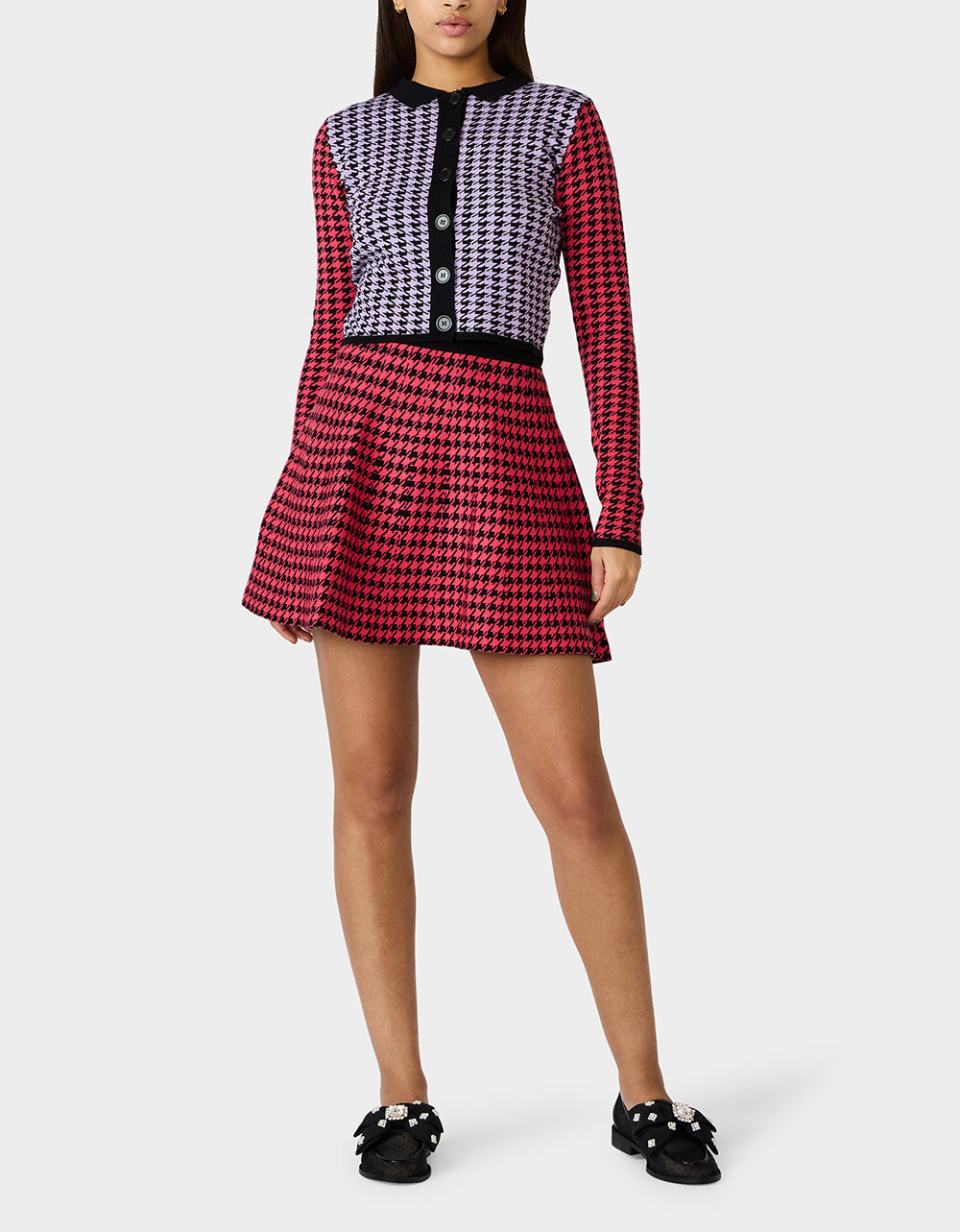Betsey Johnson Exclusive | HOT IN HOUNDSTOOTH SET PINK MULTI Women's Pink and Purple Houndstooth Top and Skirt set