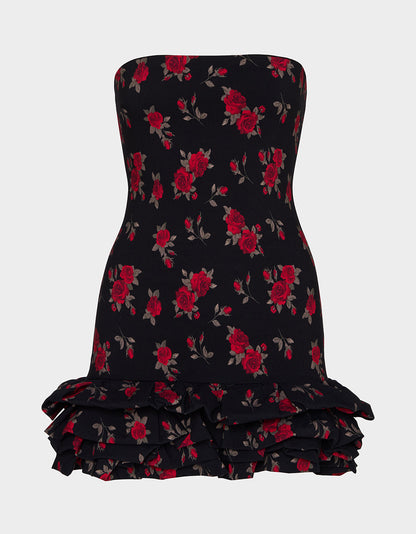 Betsey Johnson Latest | ROSIE POSIE DRESS BLACK Women's Strapless Floral Rose Print Mini Dress