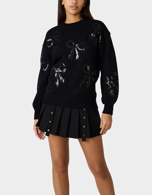 Betsey Johnson Smart Buy | SEQUIN BOW SWEATER BLACK Women's Bow Print Black Cozy Sweater