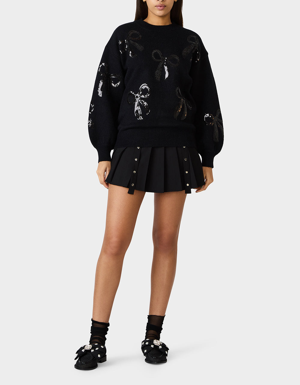 Betsey Johnson Smart Buy | SEQUIN BOW SWEATER BLACK Women's Bow Print Black Cozy Sweater