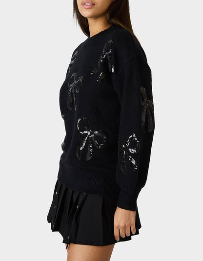 Betsey Johnson Smart Buy | SEQUIN BOW SWEATER BLACK Women's Bow Print Black Cozy Sweater