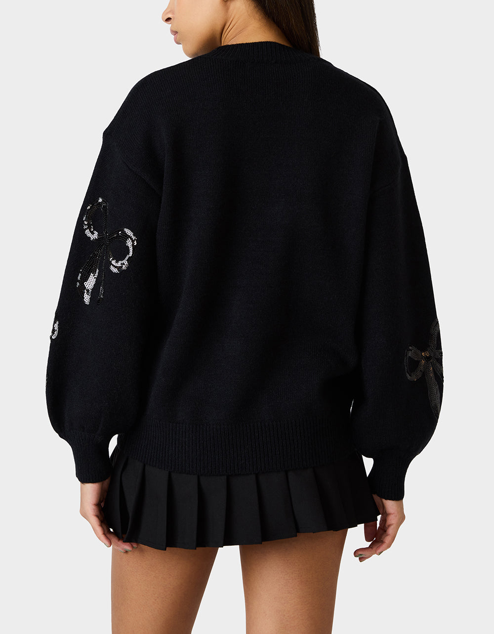 Betsey Johnson Smart Buy | SEQUIN BOW SWEATER BLACK Women's Bow Print Black Cozy Sweater