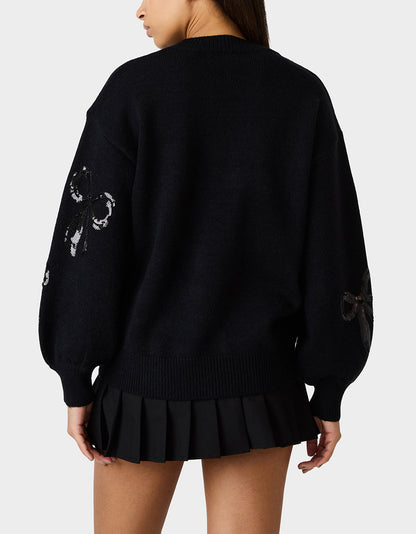 Betsey Johnson Smart Buy | SEQUIN BOW SWEATER BLACK Women's Bow Print Black Cozy Sweater