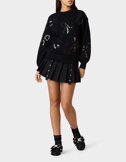 Betsey Johnson Smart Buy | SEQUIN BOW SWEATER BLACK Women's Bow Print Black Cozy Sweater