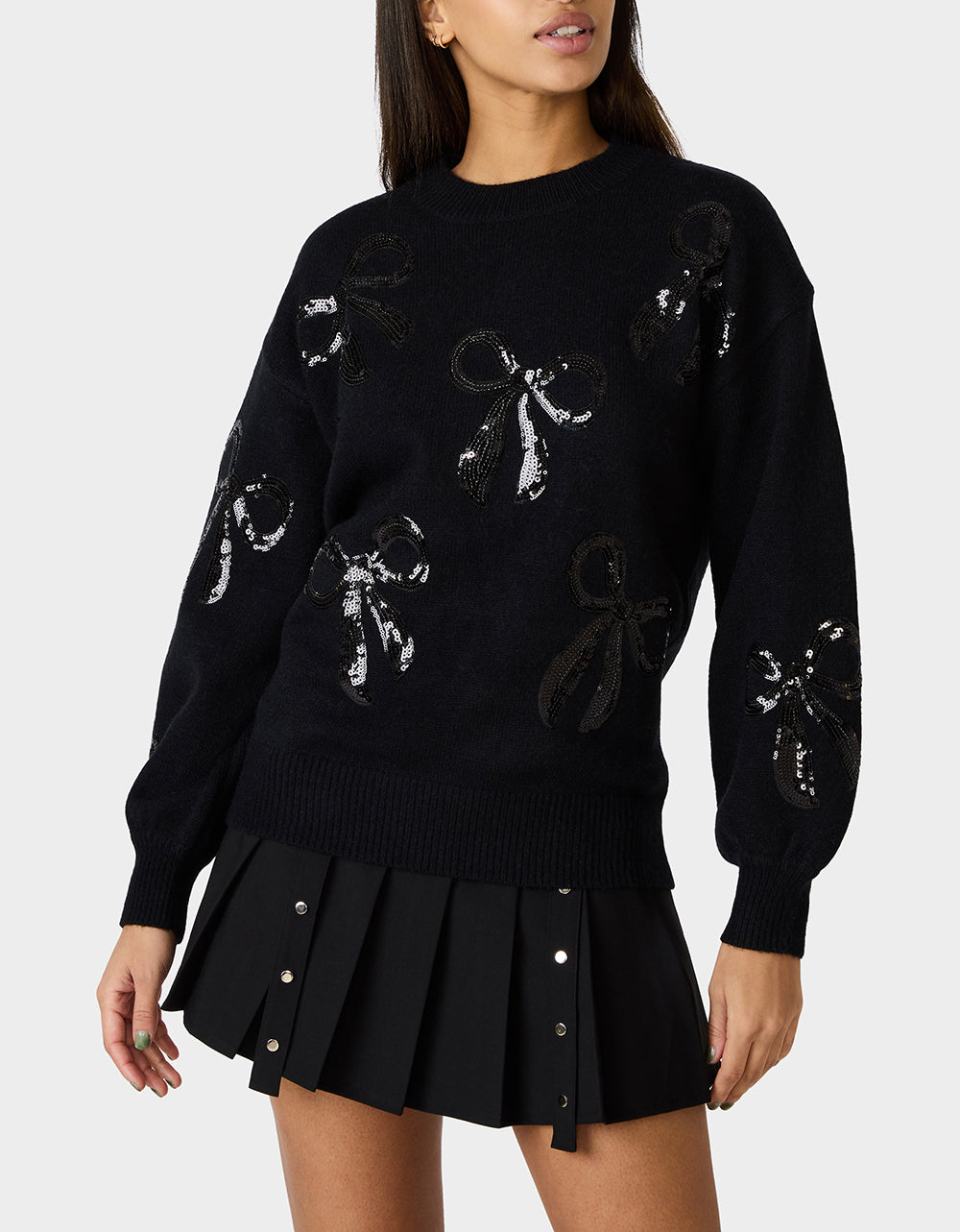 Betsey Johnson Smart Buy | SEQUIN BOW SWEATER BLACK Women's Bow Print Black Cozy Sweater