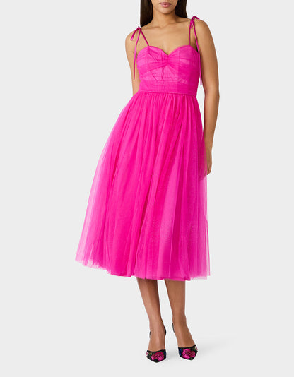 Betsey Johnson Top Pick | GLITTER TULLE MULTI MAGENTA Women's Corset Midi Tulle Dress