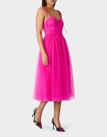 Betsey Johnson Top Pick | GLITTER TULLE MULTI MAGENTA Women's Corset Midi Tulle Dress