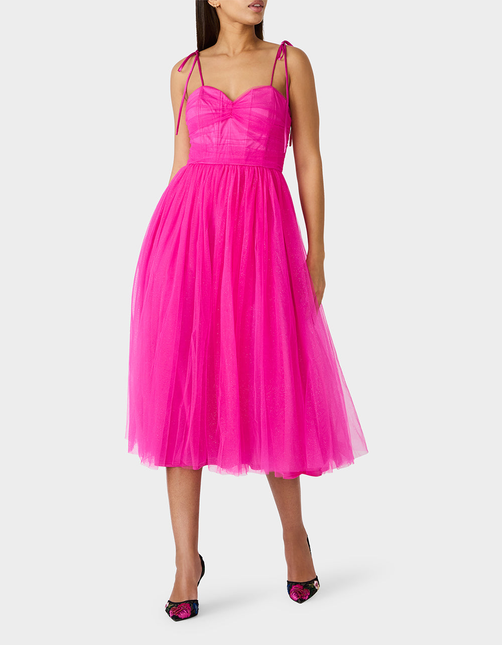Betsey Johnson Top Pick | GLITTER TULLE MULTI MAGENTA Women's Corset Midi Tulle Dress