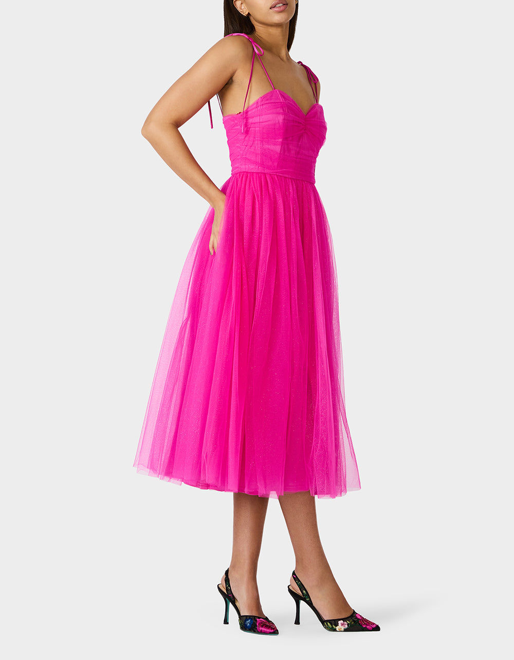 Betsey Johnson Top Pick | GLITTER TULLE MULTI MAGENTA Women's Corset Midi Tulle Dress
