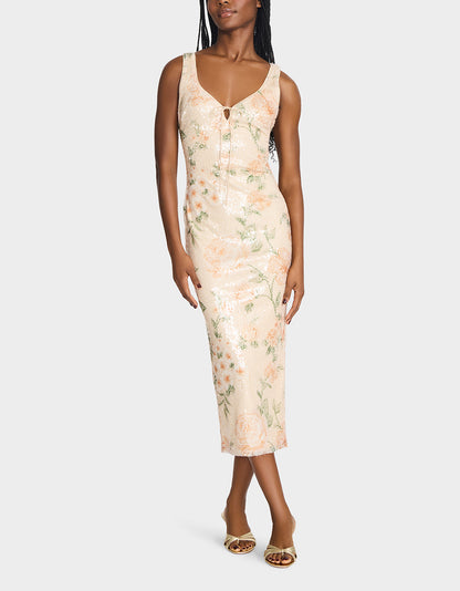 Betsey Johnson Top Pick | APRICOT HAZE DRESS BLURRY FLORAL Women's Midi Sequin Floral Dress