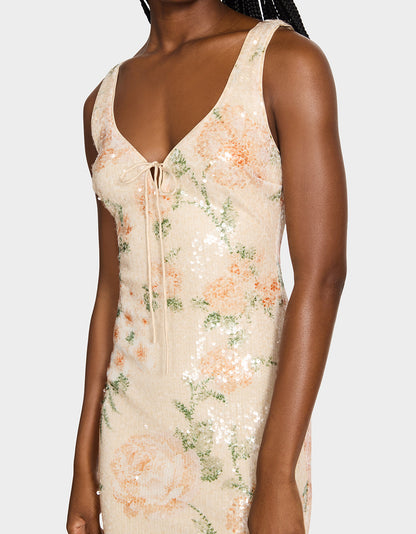 Betsey Johnson Top Pick | APRICOT HAZE DRESS BLURRY FLORAL Women's Midi Sequin Floral Dress