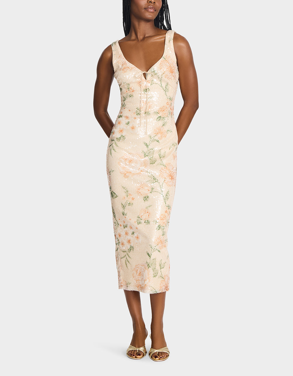 Betsey Johnson Top Pick | APRICOT HAZE DRESS BLURRY FLORAL Women's Midi Sequin Floral Dress