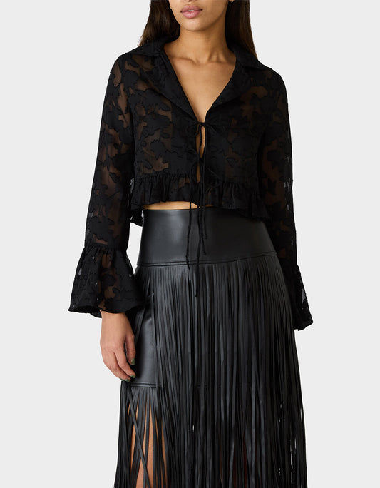 Betsey Johnson Essential | OPHELIA NOIR BLOUSE BLACK Women's Tie Front Long Sleeve Mesh Crop Top