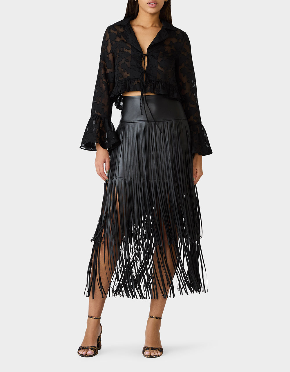 Betsey Johnson Essential | OPHELIA NOIR BLOUSE BLACK Women's Tie Front Long Sleeve Mesh Crop Top