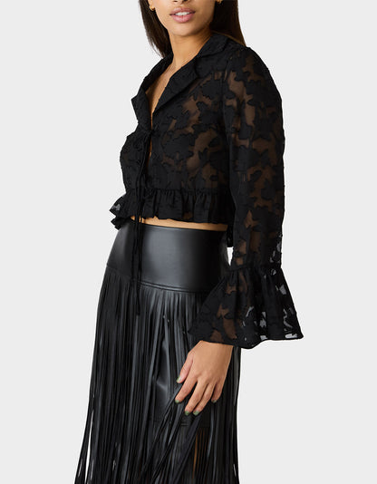 Betsey Johnson Essential | OPHELIA NOIR BLOUSE BLACK Women's Tie Front Long Sleeve Mesh Crop Top
