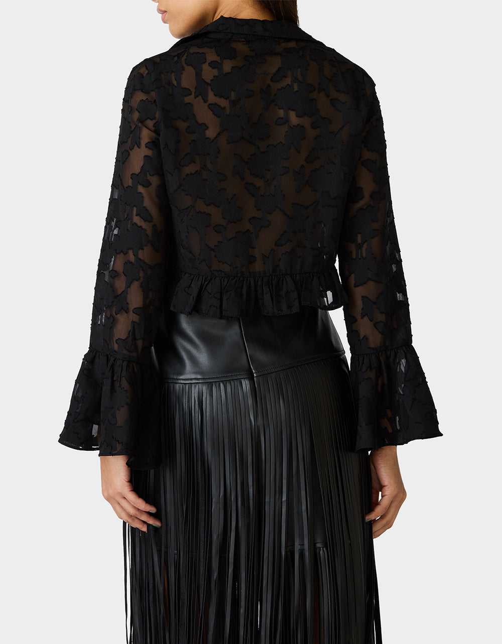 Betsey Johnson Essential | OPHELIA NOIR BLOUSE BLACK Women's Tie Front Long Sleeve Mesh Crop Top