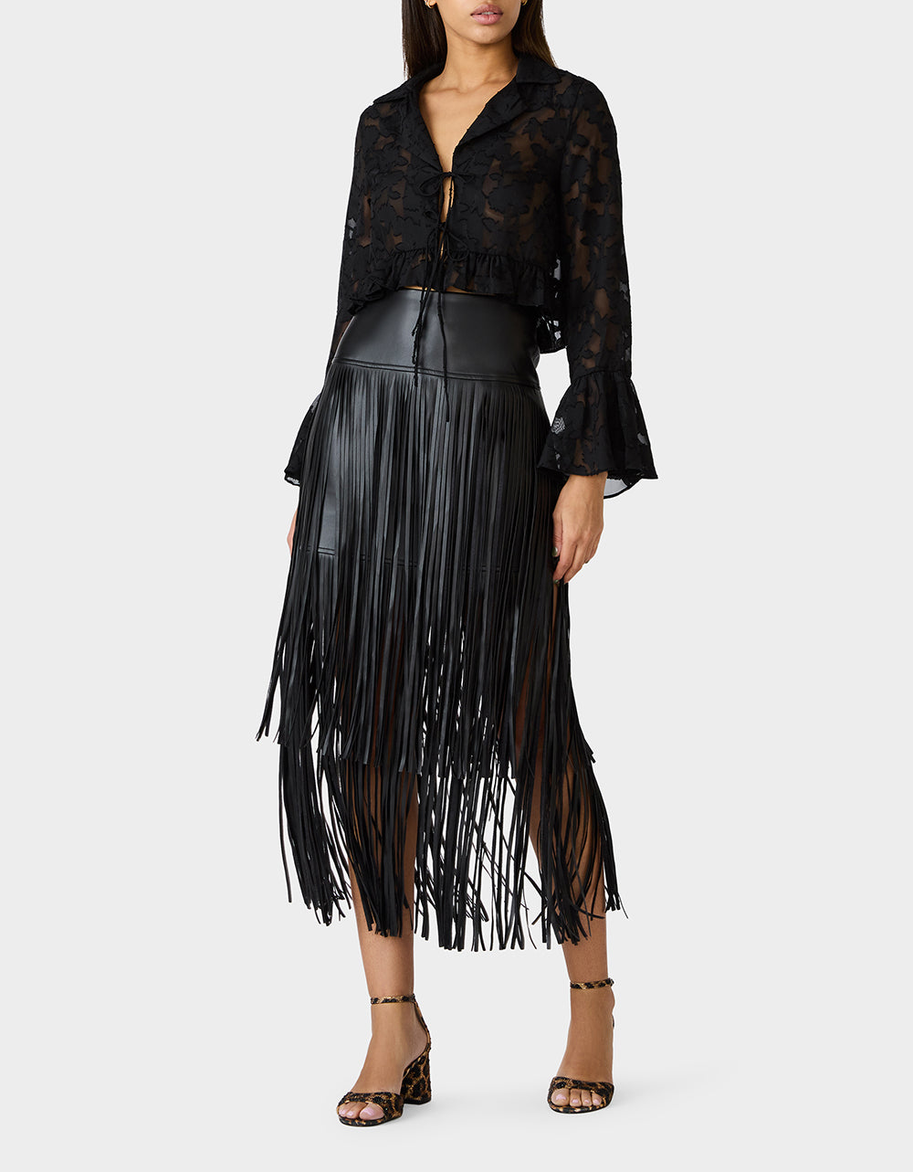 Betsey Johnson Essential | OPHELIA NOIR BLOUSE BLACK Women's Tie Front Long Sleeve Mesh Crop Top