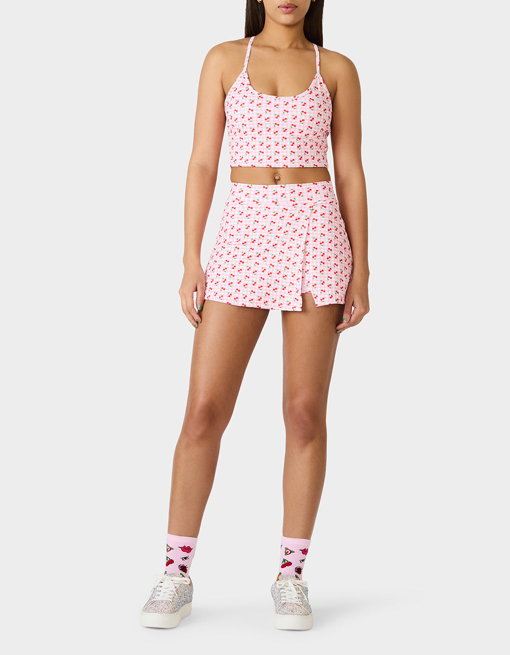 Betsey Johnson Sale | CHERRY GINGHAM SET PINK MULTI Women's Pink Cherry Gingham Activewear Tank Top