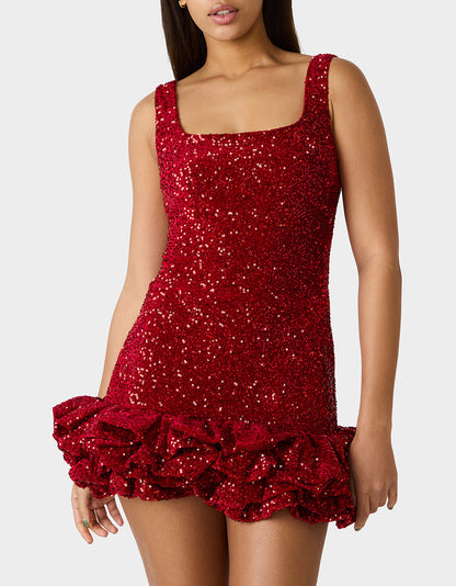 Betsey Johnson Recommended | FESTIVE FLIRT DRESS RED Red Sequin Mini Dress with Ruffle Hem