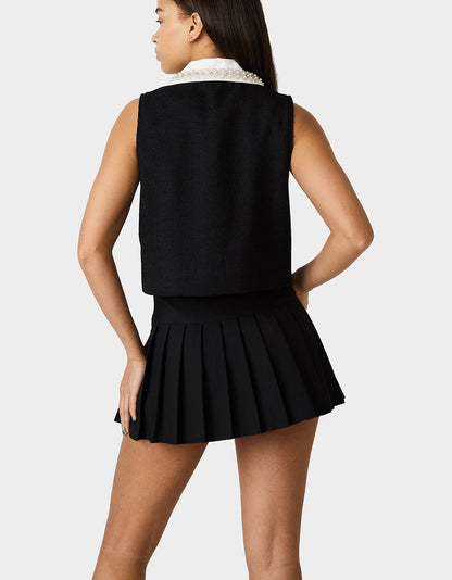 Betsey Johnson Exclusive | LUSTER NOIR TOP BLACK Women's Pearl Embellished Collar Black Sleeveless Top