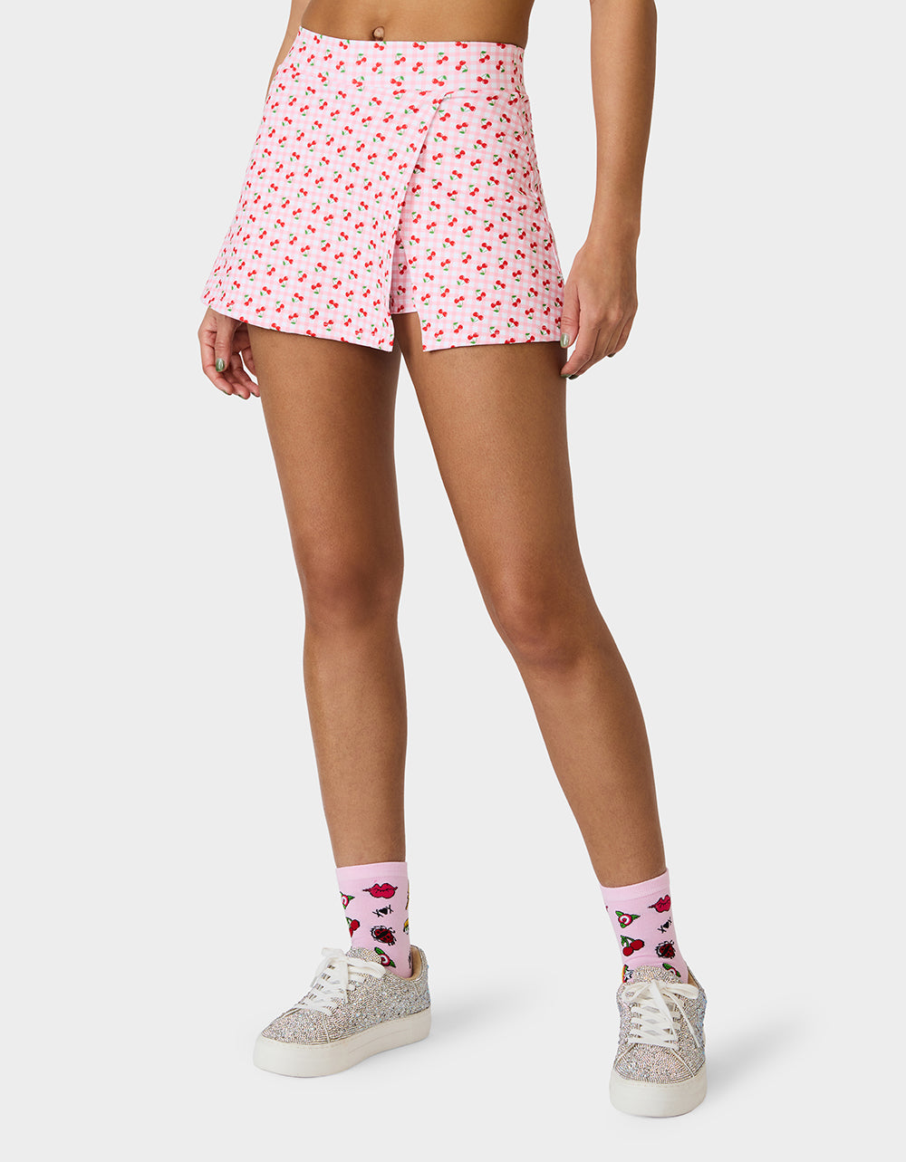 Betsey Johnson Top Pick | CHERRY GINGHAM SIDE SLIT SKORT PINK MULTI Women's Pink Cherry Gingham Activewear Skort