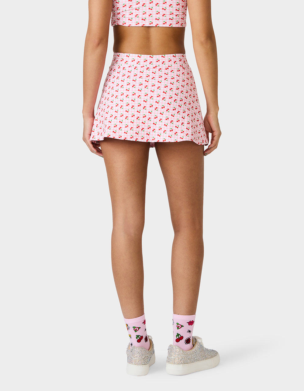 Betsey Johnson Top Pick | CHERRY GINGHAM SIDE SLIT SKORT PINK MULTI Women's Pink Cherry Gingham Activewear Skort