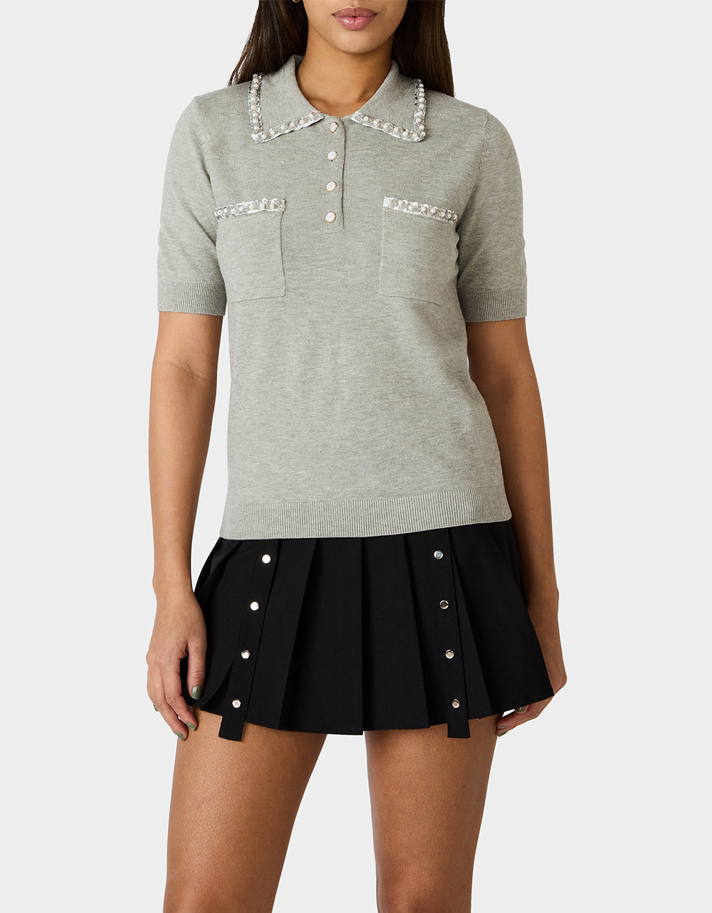 Betsey Johnson Smart Buy | POLISHED IN PEARLS POLO HEATHER GREY Women's Grey Pearl Embellished Short Sleeve Polo Shirt