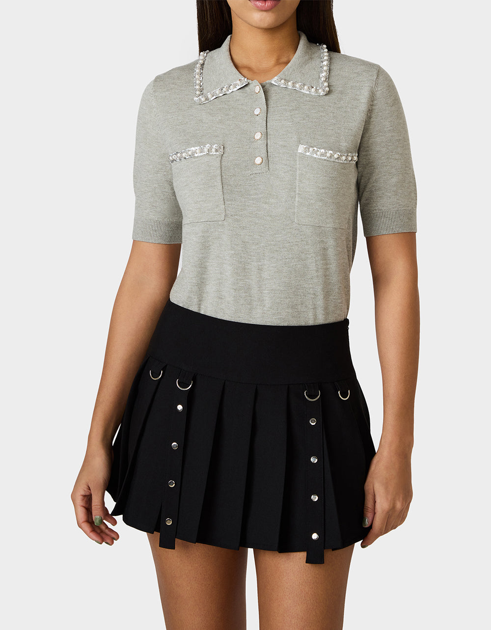 Betsey Johnson Smart Buy | POLISHED IN PEARLS POLO HEATHER GREY Women's Grey Pearl Embellished Short Sleeve Polo Shirt
